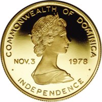 Dominica coin 150 Dollars - Elizabeth II - Israel and Egypt Peace Treaty (1979) obverse obverse of 150 Dollars - Elizabeth II - Israel and Egypt Peace Treaty (1979) coin with KM# 18 from Dominica. Inscription: · COMMONWEALTH OF DOMINICA · NOV. 3 1978 INDEPENDENCE