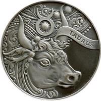 reverse of 1 Rouble - Zodiac Series - Taurus (2014) coin with KM# D457 from Belarus. Inscription: TAURUS