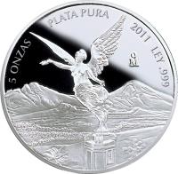 reverse of 5 Onza - Libertad Silver Bullion (1996 - 2015) coin with KM# 615 from Mexico.