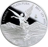Mexico coin 5 Onza - Libertad Silver Bullion (1996 - 2015) reverse reverse of 5 Onza - Libertad Silver Bullion (1996 - 2015) coin with KM# 615 from Mexico.