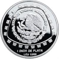 obverse of 5 Nuevo Pesos / 1 Onza - Quetzalcoatl (1998) coin with KM# 665 from Mexico. Inscription: ESTADOS UNIDOS MEXICANOS 1 ONZA DE PLATA LEY 0.999