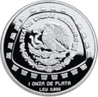 Mexico coin 5 Nuevo Pesos / 1 Onza - Quetzalcoatl (1998) obverse obverse of 5 Nuevo Pesos / 1 Onza - Quetzalcoatl (1998) coin with KM# 665 from Mexico. Inscription: ESTADOS UNIDOS MEXICANOS 1 ONZA DE PLATA LEY 0.999