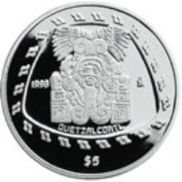 reverse of 5 Nuevo Pesos / 1 Onza - Quetzalcoatl (1998) coin with KM# 665 from Mexico. Inscription: 1998 Mo QUETZALCOATL $5