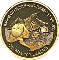 Canada coin 100 Dollars - Elizabeth II - 50th Anniversary of Newfoundland Unity (1999) reverse reverse of 100 Dollars - Elizabeth II - 50th Anniversary of Newfoundland Unity (1999) coin with KM# 341 from Canada. Inscription: 1949·NEWFOUNDLAND·TERRE·NEUVE·1999 CANADA 100 DOLLARS