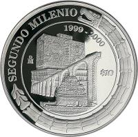 reverse of 10 Pesos - Architecture (1999 - 2000) coin with KM# 633 from Mexico. Inscription: SEGUNDO MILENIO Mo $10