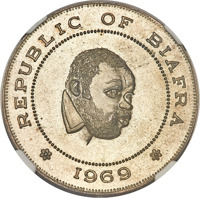 obverse of 1 Crown - Chukwuemeka Odumegwu Ojukwu (1969) coin with KM# 5 from Biafra. Inscription: REPUBLIC OF BIAFRA *1969*