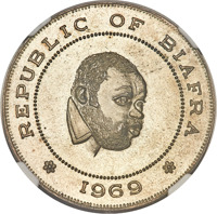 Biafra coin 1 Crown - Chukwuemeka Odumegwu Ojukwu (1969) obverse obverse of 1 Crown - Chukwuemeka Odumegwu Ojukwu (1969) coin with KM# 5 from Biafra. Inscription: REPUBLIC OF BIAFRA *1969*