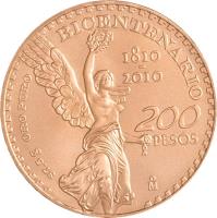 reverse of 200 Pesos - Mexican Bicentenary (2010) coin with KM# 932 from Mexico. Inscription: BICENTENARIO 37.5 g ORO PURO 1810 - 2010 200 PESOS