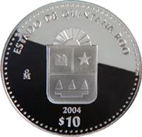 Mexico coin 10 Pesos - Quintana Roo - Silver Proof Issue (2004) reverse reverse of 10 Pesos - Quintana Roo - Silver Proof Issue (2004) coin with KM# 735 from Mexico. Inscription: ESTADO DE QUINTANA ROO