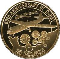 Jersey coin 25 Pounds - Elizabeth II - 60th Anniversary of the D-Day (2004) reverse reverse of 25 Pounds - Elizabeth II - 60th Anniversary of the D-Day (2004) coin with KM# 125 from Jersey. Inscription: 60th ANNIVERSARY OF D-DAY 25 POUNDS