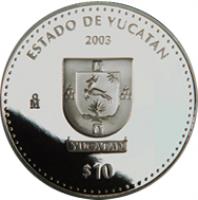 Mexico coin 10 Pesos - Yucatan - Silver Proof Issue (2003) reverse reverse of 10 Pesos - Yucatan - Silver Proof Issue (2003) coin with KM# 680 from Mexico. Inscription: ESTADO DE YUCATÁN 2003 Mo $10