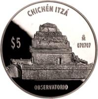 Mexico coin 5 Pesos / 1 Onza - Observatorio (2012) reverse reverse of 5 Pesos / 1 Onza - Observatorio (2012) coin with KM# 947 from Mexico. Inscription: CHICHÉN ITZÁ $5 M 070707 OBSERVATORIO