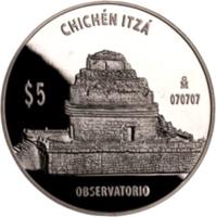 reverse of 5 Pesos / 1 Onza - Observatorio (2012) coin with KM# 947 from Mexico. Inscription: CHICHÉN ITZÁ $5 M 070707 OBSERVATORIO