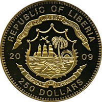 obverse of 250 Dollars - The Apostle Thaler (2009) coin from Liberia. Inscription: REPUBLIC OF LIBERIA THE LOVE OF LIBERTY BROUGHT US HERE 20 09 REPUBLIC OF LIBERIA 250 DOLLARS