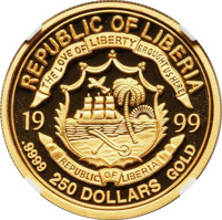 obverse of 250 Dollars - John F. Kennedy Memorial (1999) coin from Liberia. Inscription: REPUBLIC OF LIBERIA THE LOVE OF LIBERTY BROUGHT US HERE 19 99 REPUBLIC OF LIBERIA 250 DOLLARS .9999 GOLD