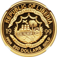 Liberia coin 250 Dollars - John F. Kennedy Memorial (1999) obverse obverse of 250 Dollars - John F. Kennedy Memorial (1999) coin from Liberia. Inscription: REPUBLIC OF LIBERIA THE LOVE OF LIBERTY BROUGHT US HERE 19 99 REPUBLIC OF LIBERIA 250 DOLLARS .9999 GOLD