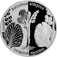 Belarus coin 1 Rouble - Revived Plants - Simple Moonwort (2014) reverse reverse of 1 Rouble - Revived Plants - Simple Moonwort (2014) coin from Belarus. Inscription: Botrychium simplex Граздоўнік просты