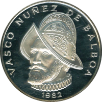 obverse of 1 Balboa (1981 - 1982) coin with KM# 39.1b from Panama. Inscription: VASCO NUNEZ DE BALBOA 1982