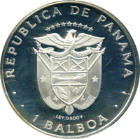 reverse of 1 Balboa (1981 - 1982) coin with KM# 39.1b from Panama. Inscription: REPUBLICA DE PANAMA ********* LEY 0.500 FM 1 BALBOA