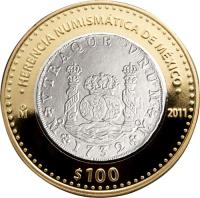 reverse of 100 Pesos - Pillar dollar (2011) coin with KM# 950 from Mexico. Inscription: HERENCIA NUMISMATICA DE MEXICO M 2011 $100