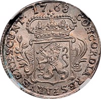 Dutch Republic coin ⅛ Ducat (1762 - 1793) reverse reverse of ⅛ Ducat (1762 - 1793) coin with KM# 98 from Dutch Republic. Inscription: concordia res parvae crescunt