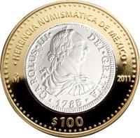 Mexico coin 100 Pesos - Charles III coin (2011) reverse reverse of 100 Pesos - Charles III coin (2011) coin with KM# 951 from Mexico. Inscription: HERENCIA NUMISMATICA DE MEXICO M 2011 $100