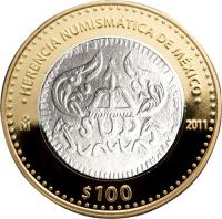 Mexico coin 100 Pesos - Insurgent coin of Morelos (2011) reverse reverse of 100 Pesos - Insurgent coin of Morelos (2011) coin with KM# 952 from Mexico. Inscription: HERENCIA NUMISMATICA DE MEXICO M 2011 $100