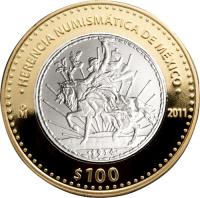 reverse of 100 Pesos - Peso de Caballito (2011) coin with KM# 955 from Mexico. Inscription: HERENCIA NUMISMATICA DE MEXICO M 2011 $100