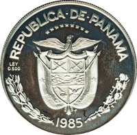 obverse of 5 Balboas - Balboa, discoverer of the Pacific (1985) coin with KM# 104 from Panama. Inscription: REPUBLICA DE PANAMA ********* LEY 0.500 FM 1985