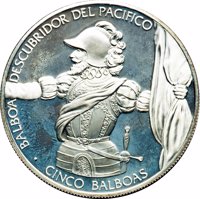 reverse of 5 Balboas - Balboa, discoverer of the Pacific (1985) coin with KM# 104 from Panama. Inscription: BALBOA DESCUBRIDOR DEL PACÍFICO CINCO BALBOAS