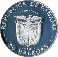 Panama coin 20 Balboas - Vasco Nunez de Balboa, discoverer of the Pacific. (1984) obverse obverse of 20 Balboas - Vasco Nunez de Balboa, discoverer of the Pacific. (1984) coin with KM# 98 from Panama. Inscription: REPUBLICA DE PANAMA LEY 0.500 FM 20 BALBOAS