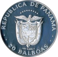 obverse of 20 Balboas - Vasco Nunez de Balboa, discoverer of the Pacific. (1984) coin with KM# 98 from Panama. Inscription: REPUBLICA DE PANAMA LEY 0.500 FM 20 BALBOAS
