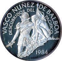 Panama coin 20 Balboas - Vasco Nunez de Balboa, discoverer of the Pacific. (1984) reverse reverse of 20 Balboas - Vasco Nunez de Balboa, discoverer of the Pacific. (1984) coin with KM# 98 from Panama. Inscription: VASCO NUNEZ DE BALBOA DESCUBRIDOR DEL PACIFICO 1984