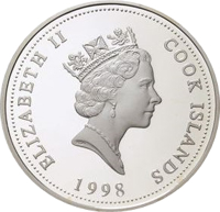 obverse of 1 Dollar - Elizabeth II - Australian Fauna Series - Hatback Turtle (1998) coin with KM# 318 from Cook Islands. Inscription: ELIZABETH II COOK ISLANDS RDM 1998