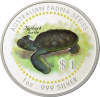 reverse of 1 Dollar - Elizabeth II - Australian Fauna Series - Hatback Turtle (1998) coin with KM# 318 from Cook Islands. Inscription: AUSTRALIAN FAUNA SERIES Hatback Turtle $1 1 oz . 999 SILVER