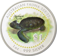 Cook Islands coin 1 Dollar - Elizabeth II - Australian Fauna Series - Hatback Turtle (1998) reverse reverse of 1 Dollar - Elizabeth II - Australian Fauna Series - Hatback Turtle (1998) coin with KM# 318 from Cook Islands. Inscription: AUSTRALIAN FAUNA SERIES Hatback Turtle $1 1 oz . 999 SILVER