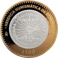 Mexico coin 100 Pesos - Zapatista coin from Suriana (2013) reverse reverse of 100 Pesos - Zapatista coin from Suriana (2013) coin with KM# 971 from Mexico. Inscription: HERENCIA NUMISMATICA DE MEXICO M 2013 $100