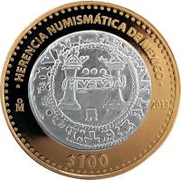 reverse of 100 Pesos - Carlos y Juana coin (2013) coin with KM# 972 from Mexico. Inscription: HERENCIA NUMISMATICA DE MEXICO M 2013 $100