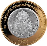 reverse of 100 Pesos - Moneda de balanza (2013) coin with KM# 973 from Mexico. Inscription: HERENCIA NUMISMATICA DE MEXICO M 2013 $100