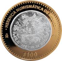 Mexico coin 100 Pesos - Republican coin counterstamped (2013) reverse reverse of 100 Pesos - Republican coin counterstamped (2013) coin with KM# 974 from Mexico. Inscription: HERENCIA NUMISMATICA DE MEXICO M 2013 $100