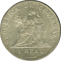 Guatemala coin 1 Real (1899) reverse reverse of 1 Real (1899) coin with KM# 171 from Guatemala. Inscription: REPUBLICA DE GUATEMALA 30 DE JUNIO DE 1871 1 REAL LAGRANGE