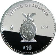 Mexico coin 10 Pesos - Sinaloa - Silver Proof Issue (2004) reverse reverse of 10 Pesos - Sinaloa - Silver Proof Issue (2004) coin with KM# 686 from Mexico. Inscription: ESTADO DE SINALOA Mo 2004 $10