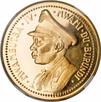 obverse of 100 Francs - Mwambutsa IV - Independence of Burundi (1962) coin with KM# 5 from Burundi. Inscription: Mwambutsa IV Mwami du Burundi.