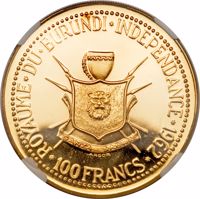 reverse of 100 Francs - Mwambutsa IV - Independence of Burundi (1962) coin with KM# 5 from Burundi. Inscription: ROYAUME DU BURUNDI INDEPENDANCE 1962 100 FRANCS