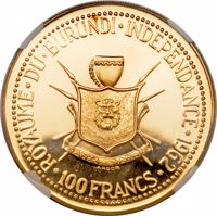 Burundi coin 100 Francs - Mwambutsa IV - Independence of Burundi (1962) reverse reverse of 100 Francs - Mwambutsa IV - Independence of Burundi (1962) coin with KM# 5 from Burundi. Inscription: ROYAUME DU BURUNDI INDEPENDANCE 1962 100 FRANCS