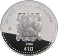 Mexico coin 10 Pesos - San Luis Potosí - Silver Proof Issue (2004) reverse reverse of 10 Pesos - San Luis Potosí - Silver Proof Issue (2004) coin with KM# 687 from Mexico. Inscription: ESTADO DE SAN LUIS POTOSI Mo 2004 $10