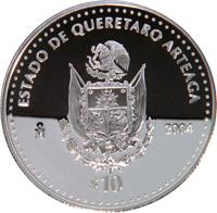 Mexico coin 10 Pesos - Querétaro - Silver Proof Issue (2004) reverse reverse of 10 Pesos - Querétaro - Silver Proof Issue (2004) coin with KM# 733 from Mexico. Inscription: ESTADO DE QUERETARO ARTEAGA Mo 2004 $10
