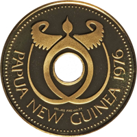 Papua New Guinea coin 100 Kina - Elizabeth II - 1st Anniversary of Independence (1976) obverse obverse of 100 Kina - Elizabeth II - 1st Anniversary of Independence (1976) coin with KM# 10 from Papua New Guinea. Inscription: 900/1000 FINE GOLD FM PAPUA NEW GUINEA 1976