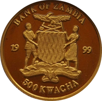 obverse of 500 Kwacha - Dr. David Livingstone (1999) coin with KM# 182 from Zambia. Inscription: BANK OF ZAMBIA 19 99 500 KWACHA