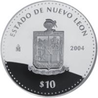 reverse of 10 Pesos - Nuevo León - Silver Proof Issue (2004) coin with KM# 741 from Mexico. Inscription: ESTADO DE NUEVO LEON Mo 2004 $10